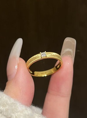 小红书爆款古法拉丝单钻戒指女Vintage中古素圈轻奢精致方钻指环