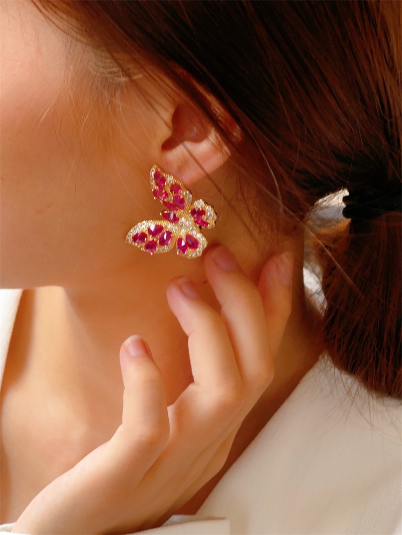 欧美法式高级感玫红色锆石轻奢蝴蝶耳环小众设计独特个性复古耳钉 - 图2