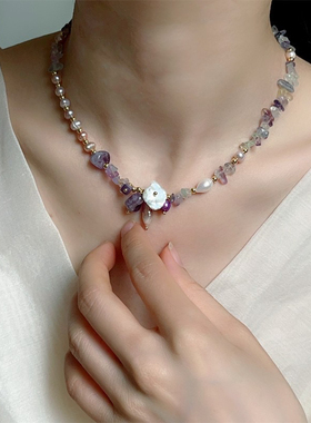 ins风森系甜美项链女不规则天然淡水真珍珠拼接天然石锁骨链颈链