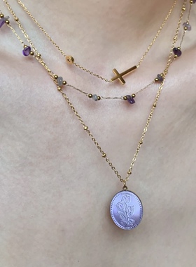 叠戴YYDS！不掉色小众高级感紫水晶项链女天然贝母郁金香十字架