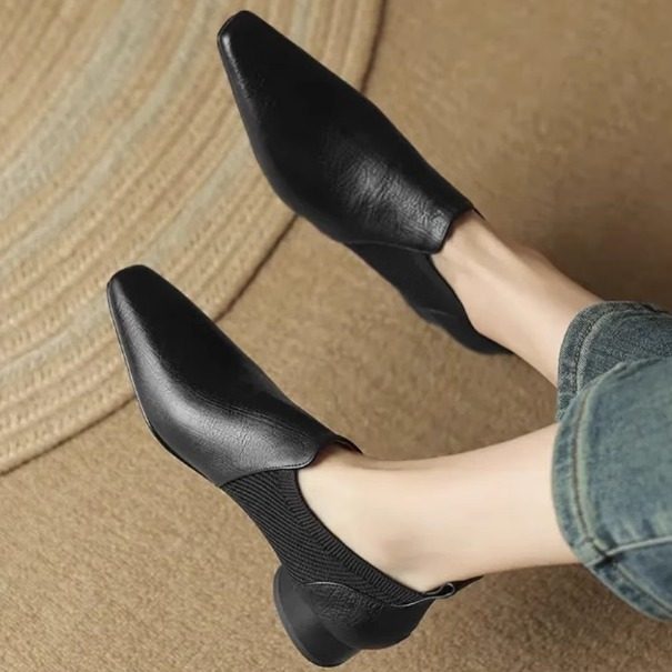 （清仓）秋冬新拼接针织粗跟一脚蹬复古风小方头低跟深口单鞋,淘宝优惠券,粉丝福利购,淘宝优惠卷