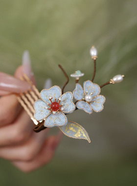 古风浅蓝色花朵小号发簪汉服发饰