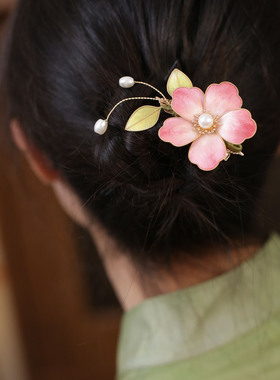 古风粉色非遗绒花发夹汉服头饰品