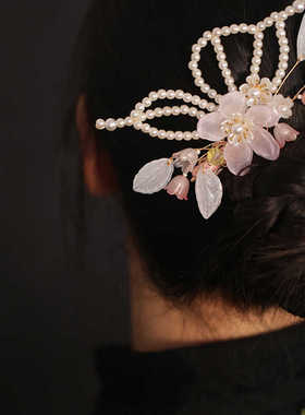 古风琉璃粉色花朵发夹汉服头饰品