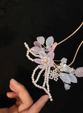 古风粉色琉璃u簪子花朵发饰女童