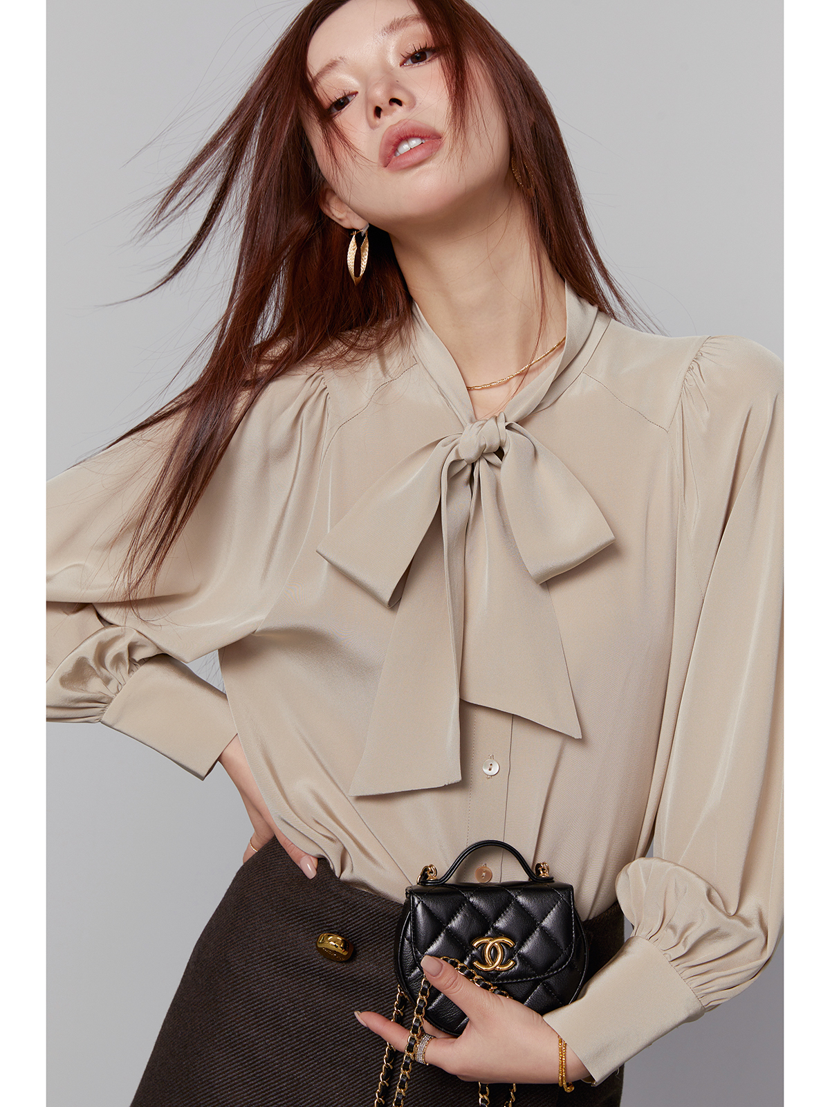 LICKYSENIOR升级品质线 重绉桑蚕丝飘带法式衬衫女秋冬款内搭上衣