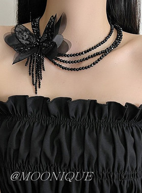 暗黑风布艺花朵蝴蝶三层水晶项链欧美个性小众气质高级锁骨链颈链