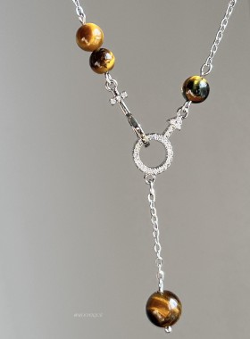 美拉德虎眼石串珠项链女小众设计感镶钻环扣锁骨链轻奢时尚颈链潮