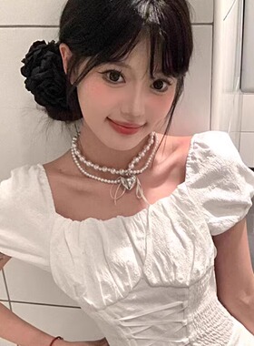 甜酷辣妹风爱心蝴蝶结项链女夏季双层珍珠锁骨链颈链choker配饰潮