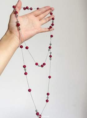 双层叠戴红色珠子水晶串珠项链女流苏精致时髦高级感长款毛衣链潮
