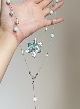 清冷感雾蓝色编织花朵项链流苏小众串珠choker复古设计感锁骨链女