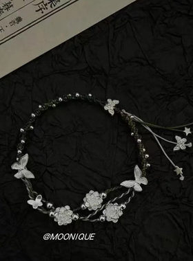 新中式蓝色莲花蝴蝶手链小众设计感高级轻奢精致古风手工编织手绳