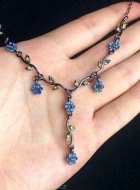 古蓝色藤蔓小花流苏项链女中古vintage做旧设计锁骨链高级感颈链