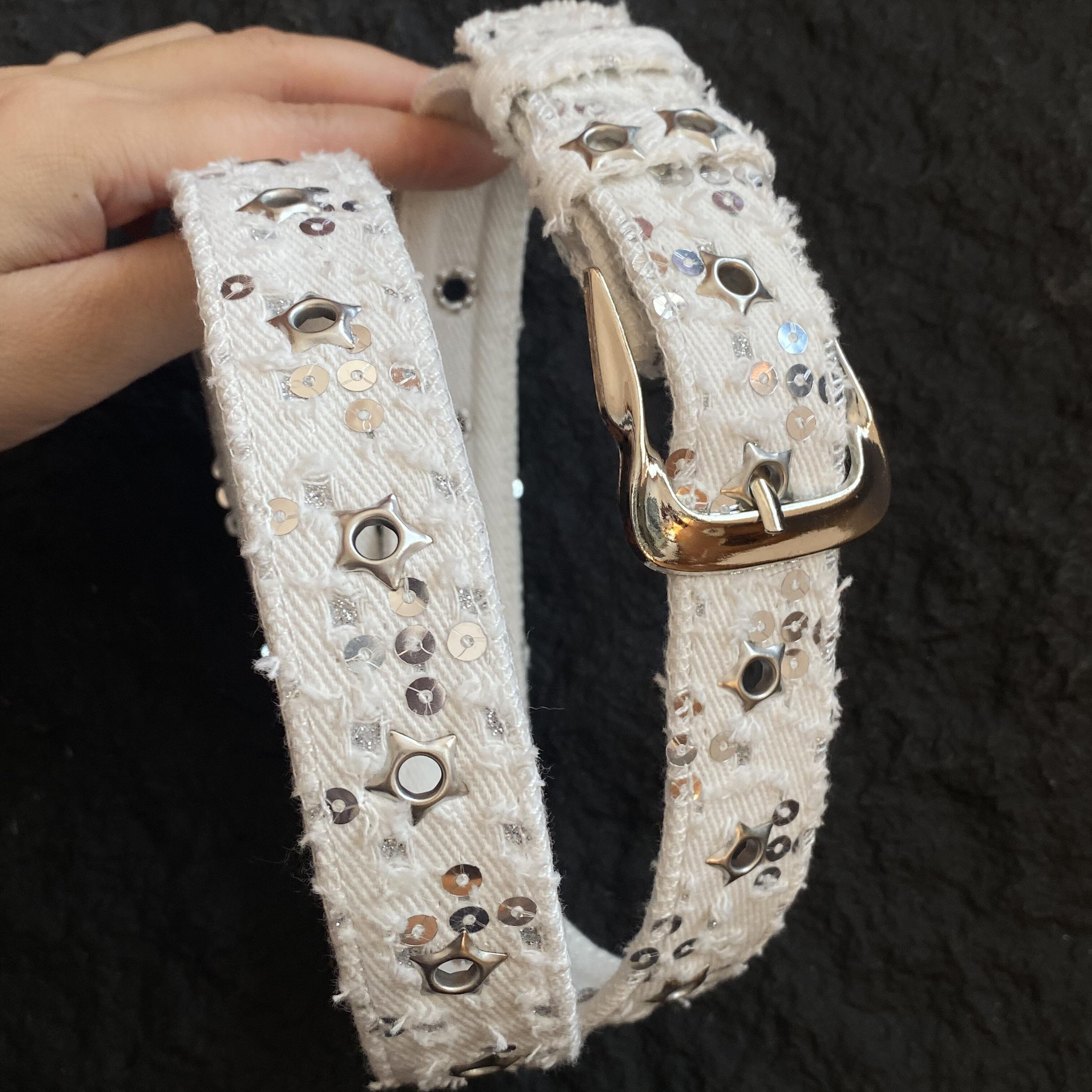 新款白色牛仔帆布星星亮片腰带朋克风y2k辣妹配牛仔裤短裙皮带潮,淘宝优惠券,粉丝福利购,淘宝优惠卷