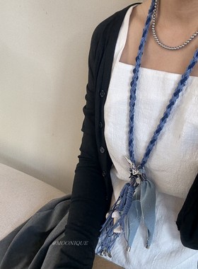 小众设计高级感ins度假风蓝色编织绳飞鸟吊坠项链长款流苏毛衣链