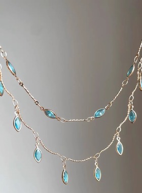 双层蓝色滴釉水滴项链女轻奢小众设计百搭高级感锁骨链简约颈饰潮