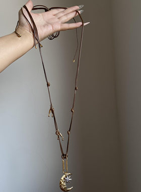 金属风~vintage金色月亮八芒星吊坠项链女中古小众独特毛衣链配饰