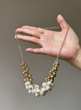 法式轻奢金色珍珠球项链女多层编织链条小众高级感优雅毛衣锁骨链