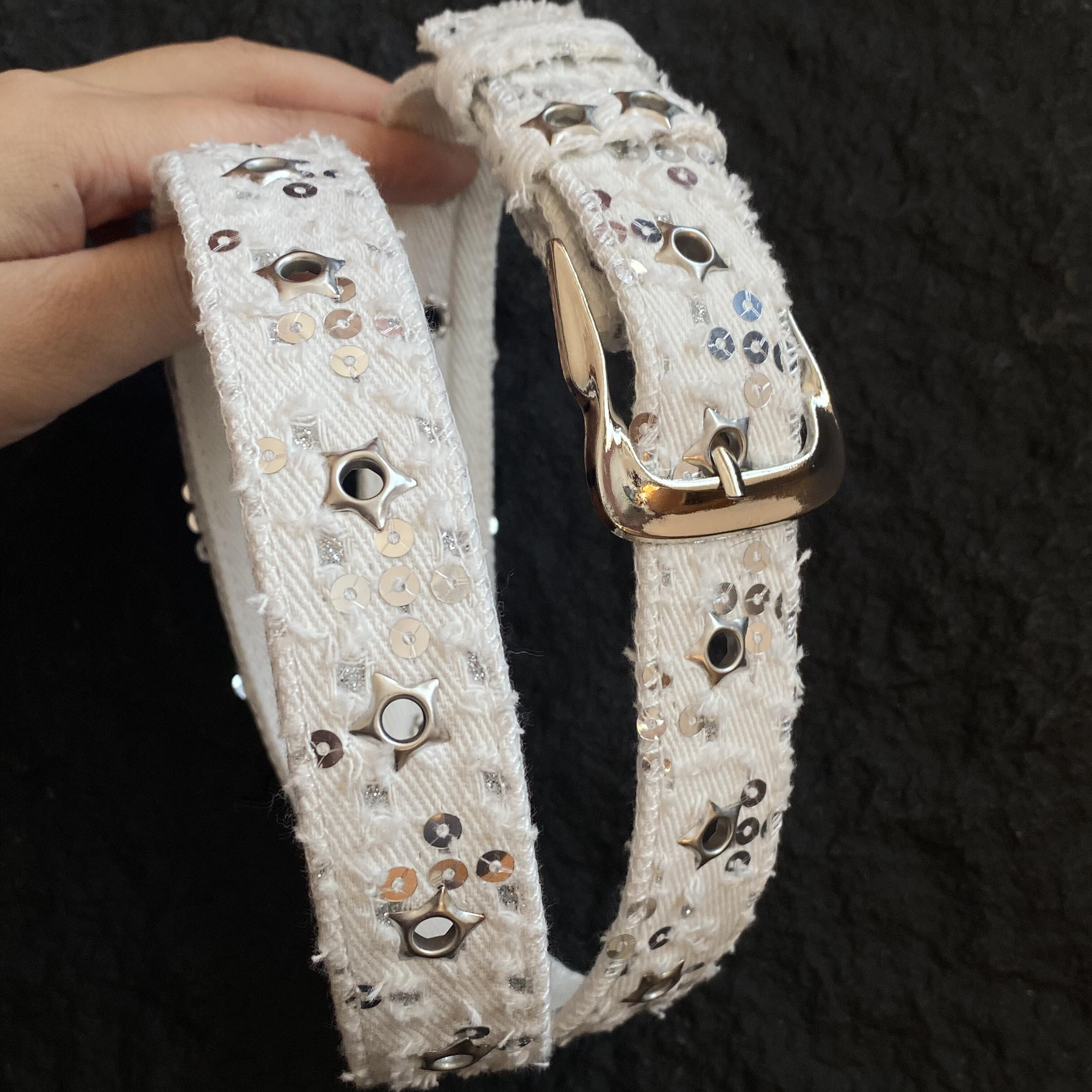 新款白色牛仔帆布星星亮片腰带朋克风y2k辣妹配牛仔裤短裙皮带潮,淘宝优惠券,粉丝福利购,淘宝优惠卷