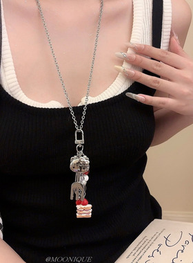 甜酷可爱kt猫叉子蛋糕吊坠长款项链女配饰小众设计感个性毛衣链潮