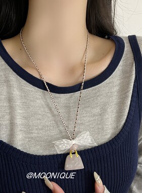 蕾丝蝴蝶结天然石包包吊坠项链女小众设计轻奢毛衣链百搭颈链配饰