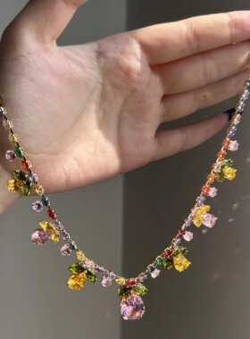 多巴胺彩色锆石树叶水滴吊坠项链夏日超闪精致独特锁骨链绝美颈链