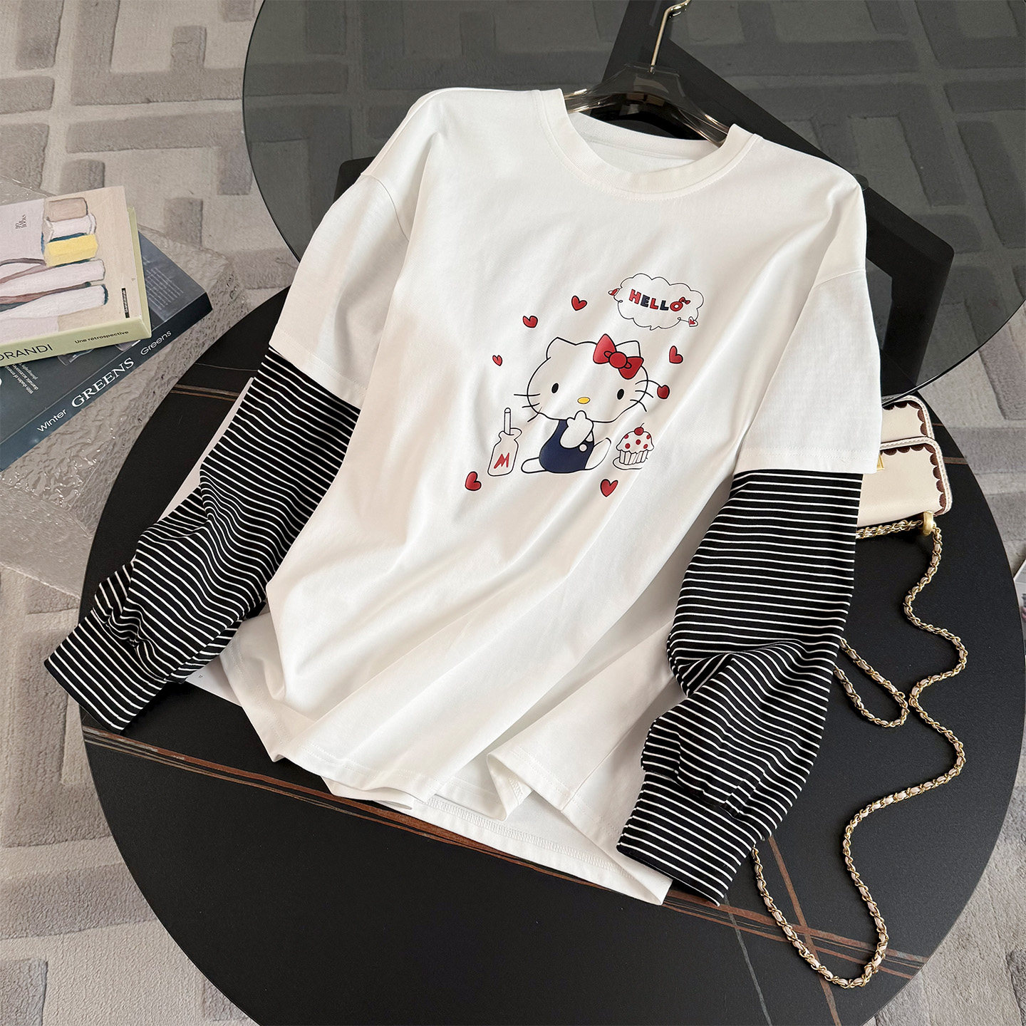 休闲运动套装女早秋新款圆领卡通印花条纹拼接上衣牛仔短裤两件套,淘宝优惠券,粉丝福利购,淘宝优惠卷