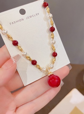 秋冬复古轻奢红色珍珠锁骨链