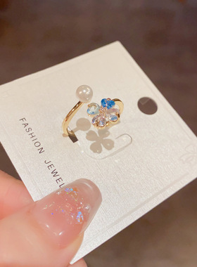 轻奢蓝色花瓣珍珠开口食指戒