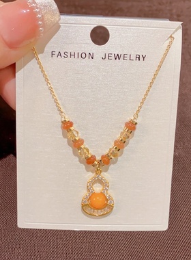 秋冬新款时尚轻奢百搭串珠镶钻葫芦吊坠项链个性简约设计感锁骨链