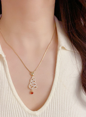 欧美轻奢满钻圣诞树超闪项链