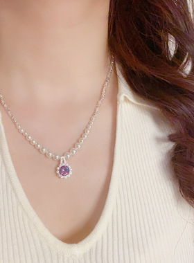 厚银紫方钻碎银串珠项链轻奢