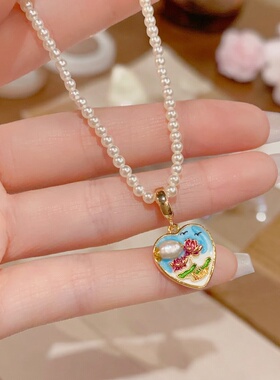 春季新款甜美油画爱心珍珠锁骨链