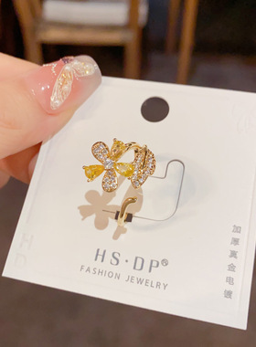 精致设计感满钻花朵树叶开口戒