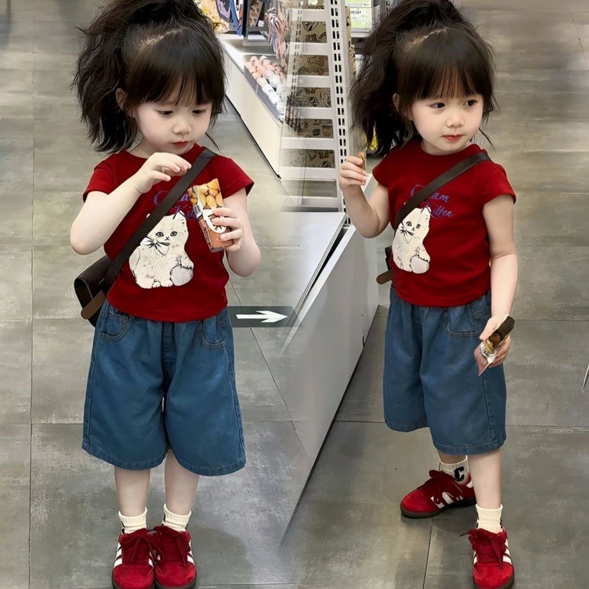 女童夏季套装2026新款儿童洋气时髦短袖T恤牛仔短裤女宝宝两件套,淘宝优惠券,粉丝福利购,淘宝优惠卷