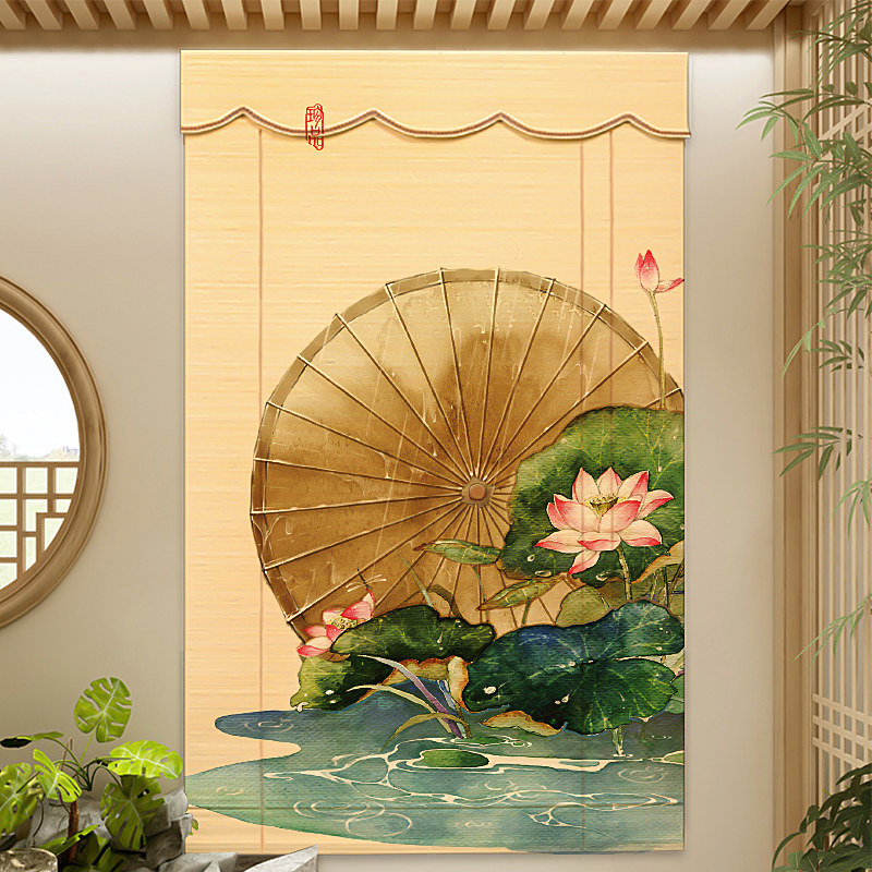 新中式禅意印花卷帘窗帘竹帘遮光升降百叶电动遮阳免打孔隔断茶室_虎窝淘