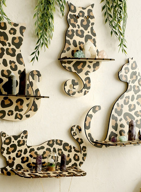 波西米亚豹纹动物猫型木制墙壁水晶收纳置物架民宿家居摆件工艺品