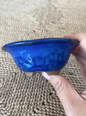 日本制 花盆 蓝色 流釉 小花盆 1-408