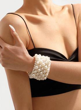 时尚几何简约时尚多排弹力加宽珍珠手链女Pearl bracelet women