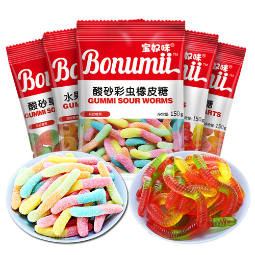 宝奴咪毛毛虫橡皮软糖150g*3包糖果网红同款果汁软糖QQ糖酸砂彩虫 - 图3