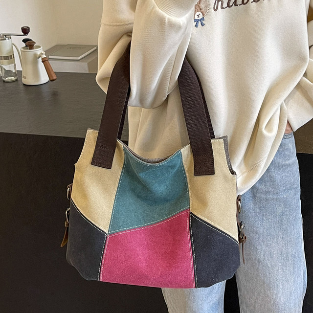 Contrast color large capacity canvas shoulder bag for women