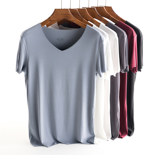 莫代尔t恤男士夏季潮纯色短袖v领简约无痕上衣宽松型汗衫体恤 - 图2