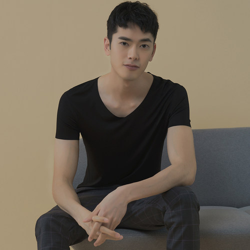 莫代尔t恤男士夏季潮纯色短袖v领简约无痕上衣宽松型汗衫体恤 - 图0