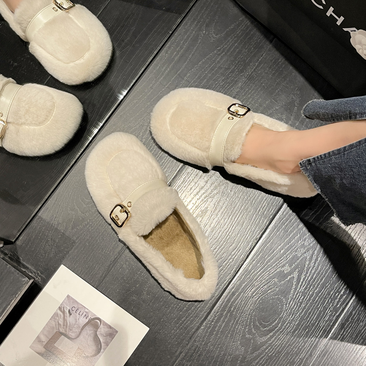 洋气毛毛鞋女外穿2025秋冬新款韩版平底一脚蹬豆豆鞋保暖加绒棉鞋,淘宝优惠券,粉丝福利购,淘宝优惠卷