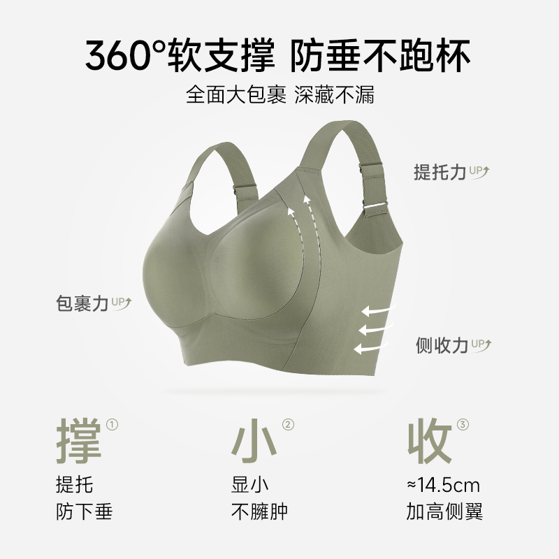 婷美春新款薄无痕大胸显小内衣胖mm女200斤软支撑收副乳大码文胸