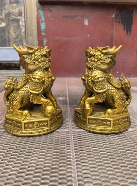 黄铜麒麟摆件一对天斩八卦麒麟公母镇宅办公室家居客厅摆件路冲反