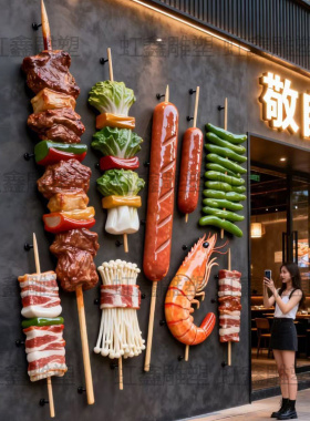 玻璃钢定制烧烤模型仿真大虾羊肉牛肉串炸串立体门头大排档IP雕塑