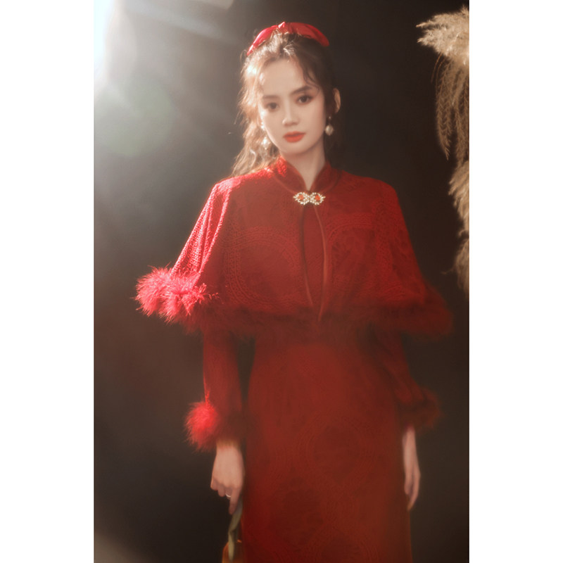 敬酒服新娘气质加绒加厚长袖披肩 珑莉旗袍