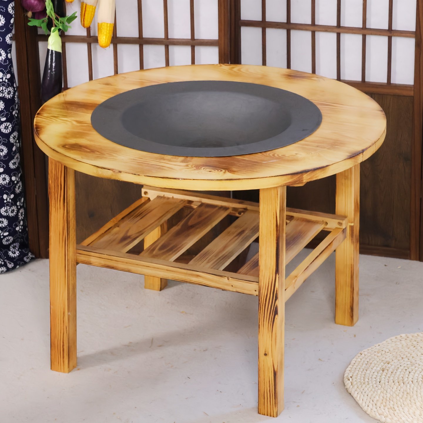 围炉煮茶实木圆桌农村老式铸铁烤火盆户外家用取暖木炭火盆烧烤架,淘宝优惠券,粉丝福利购,淘宝优惠卷