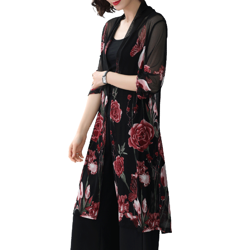 夏季复古印花网纱外搭中长款空调衫 姿必美蕾丝衫/雪纺衫